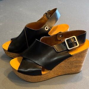 Elegant Black Leather Wedge Sandals